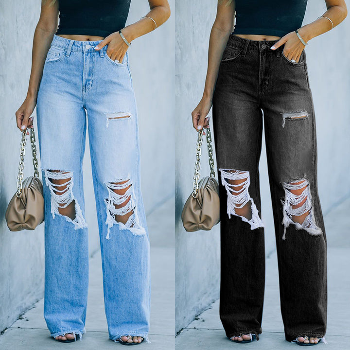 Damer bredskårede destroyed jeans med høje lommer og afslappet snit Stilla