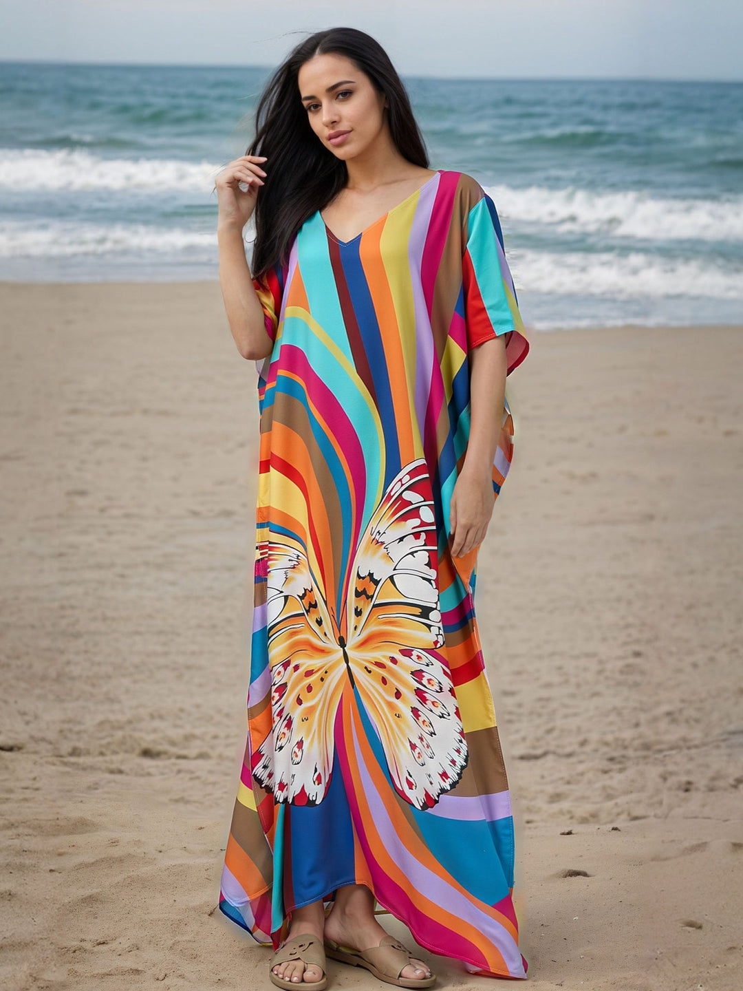 Dame Strandkaftan med farverigt sommerfugletryk Stilla