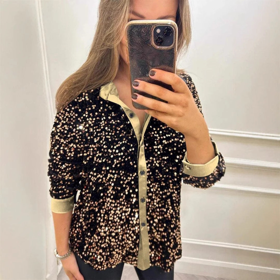 Kvindernes Funklende Paillet Bluse med Klassisk Krave Stilla
