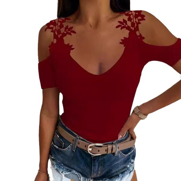 Dame Cold Shoulder Blomster Dekoreret V-Udskæring Top Stilla