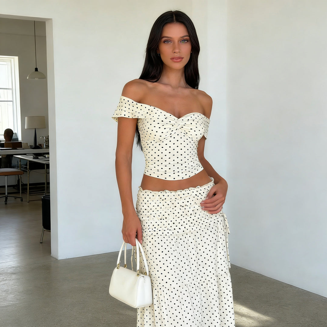 Dame To-delt Polka-Dots Sæt med skulderfri top og svajende nederdel Skovae