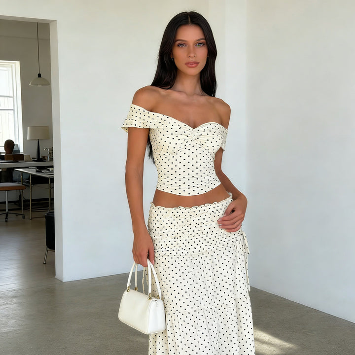 Dame To-delt Polka-Dots Sæt med skulderfri top og svajende nederdel Skovae