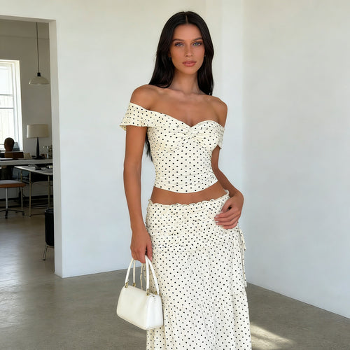 Dame To-delt Polka-Dots Sæt med skulderfri top og svajende nederdel Skovae