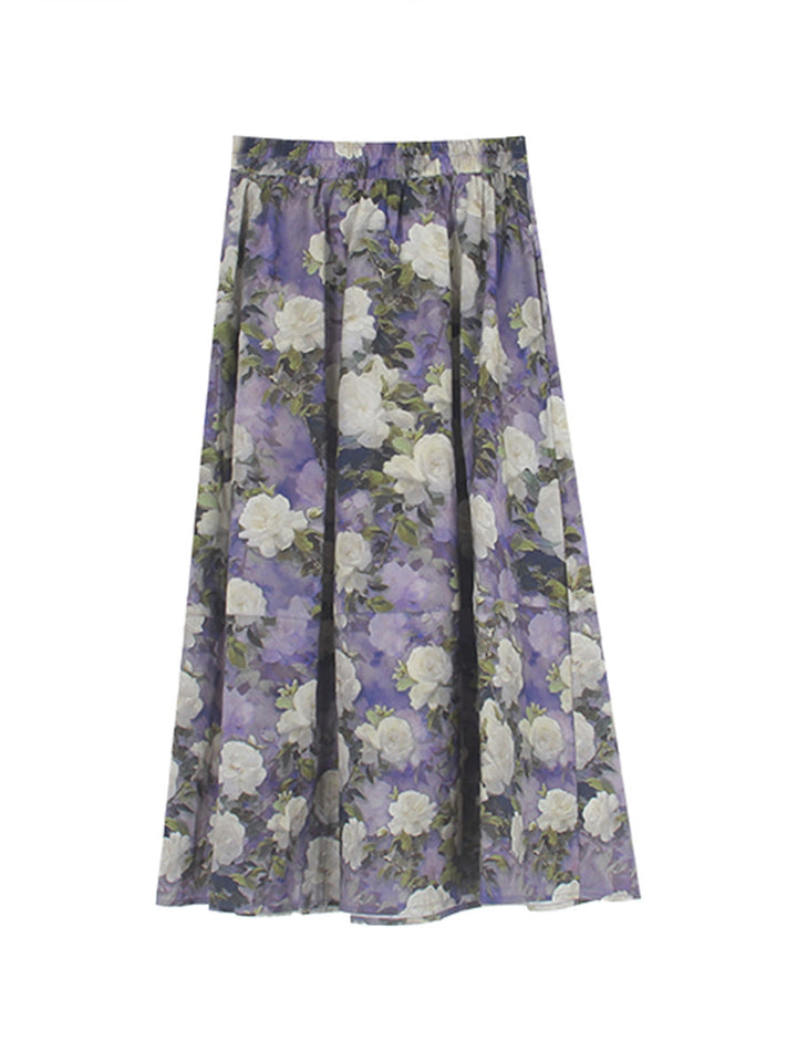 Dame ærmeløs blusesæt i let stof med blomsterdesign og svingende nederdel Stilla