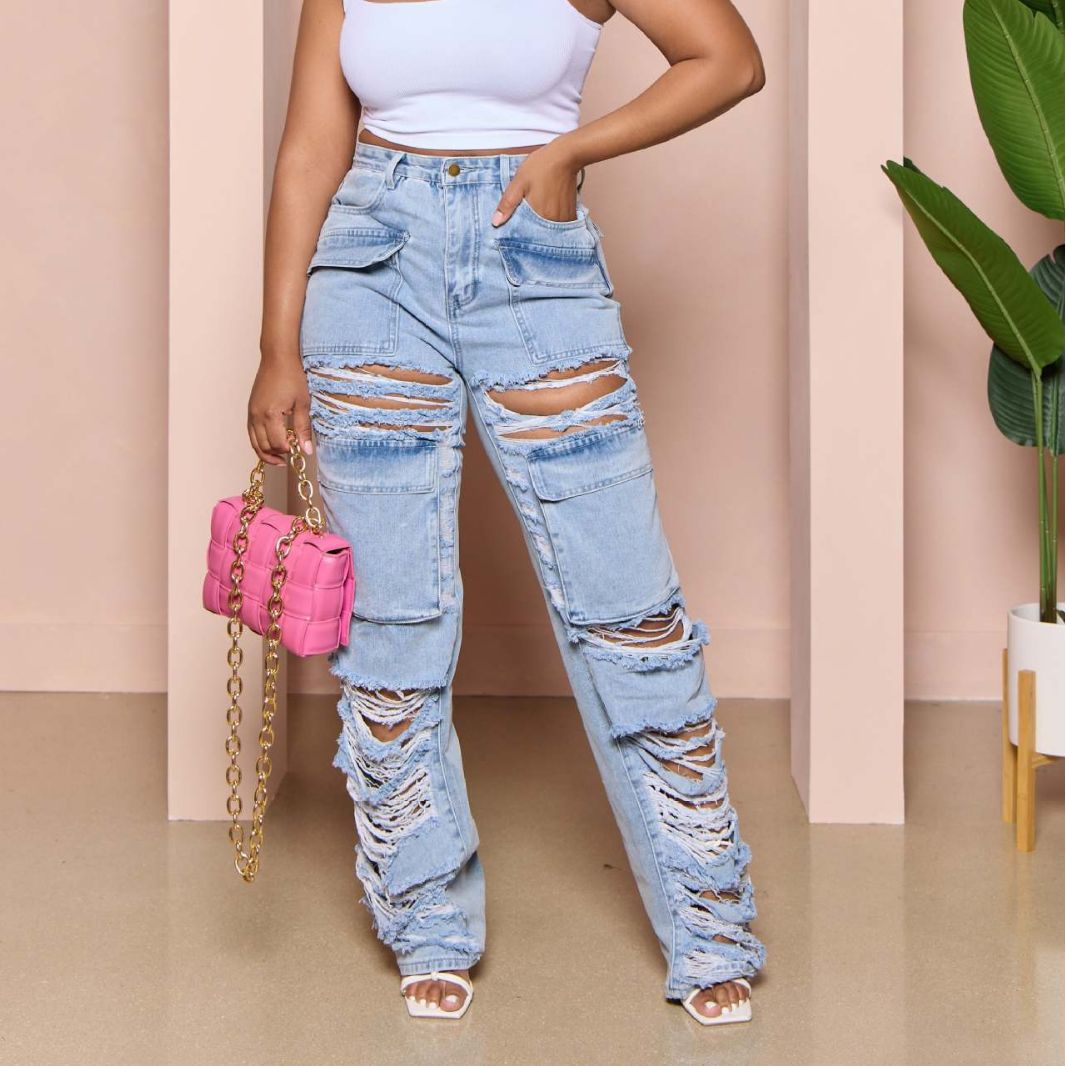 Dame Cargo-jeans med frynset detaljer og modige revner Stilla