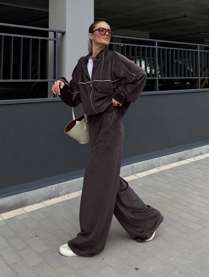 Damer sporty velour lounge sæt med høj talje og bredskårne bukser Skovae