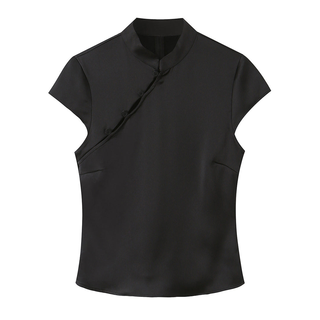 Dame elegant top med asymmetrisk krave og knapdetaljer Skovae