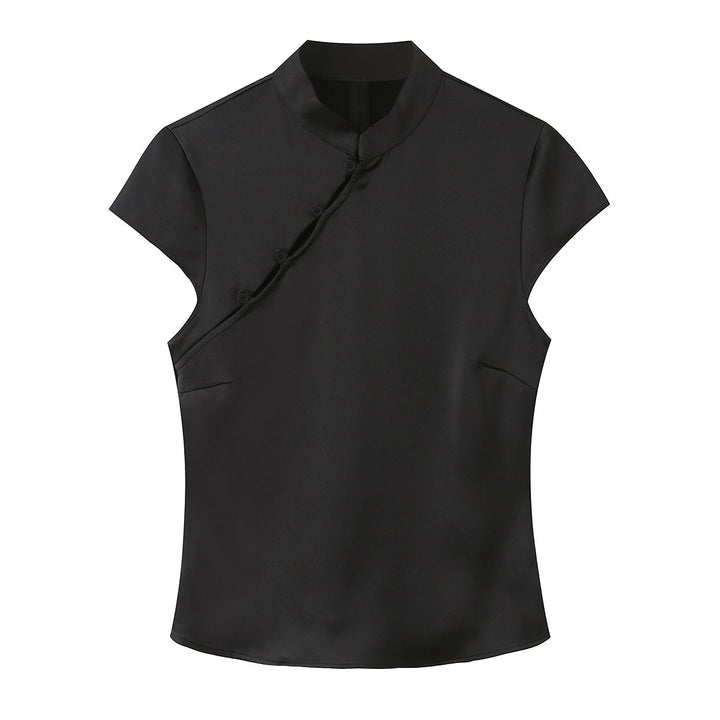 Dame elegant top med asymmetrisk krave og knapdetaljer Skovae