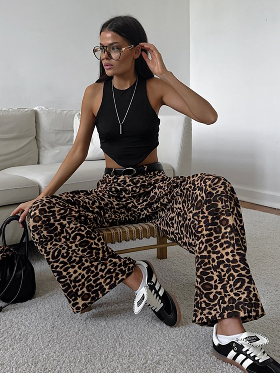 Dame Bred Leopard-Bukser i trendy Casual-look med elastisk kant Stilla