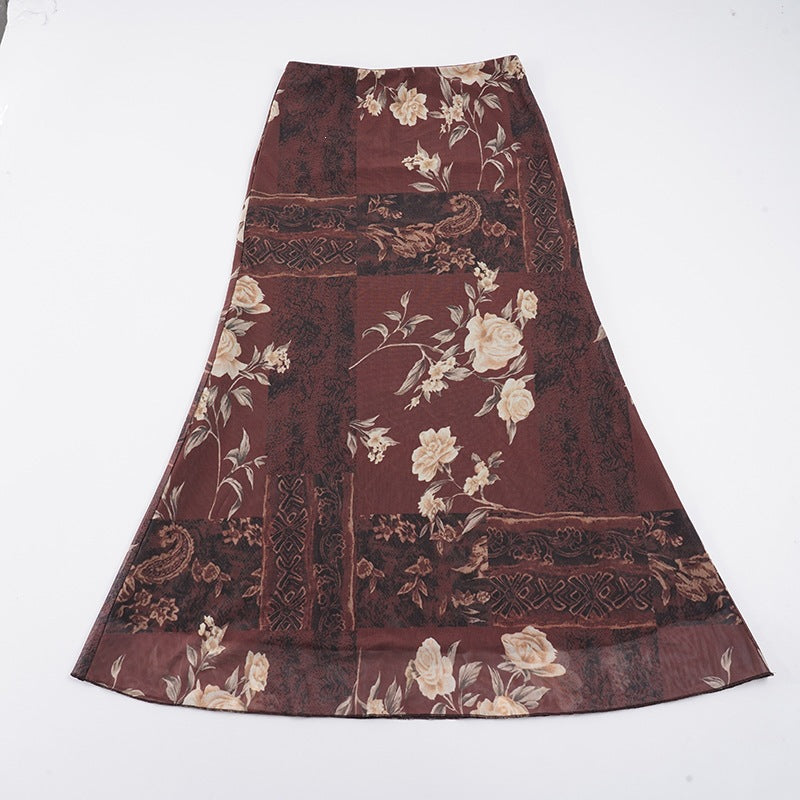 Dame Maxi Skirt med blomsterdesign og transparent chiffon overlay Skovae