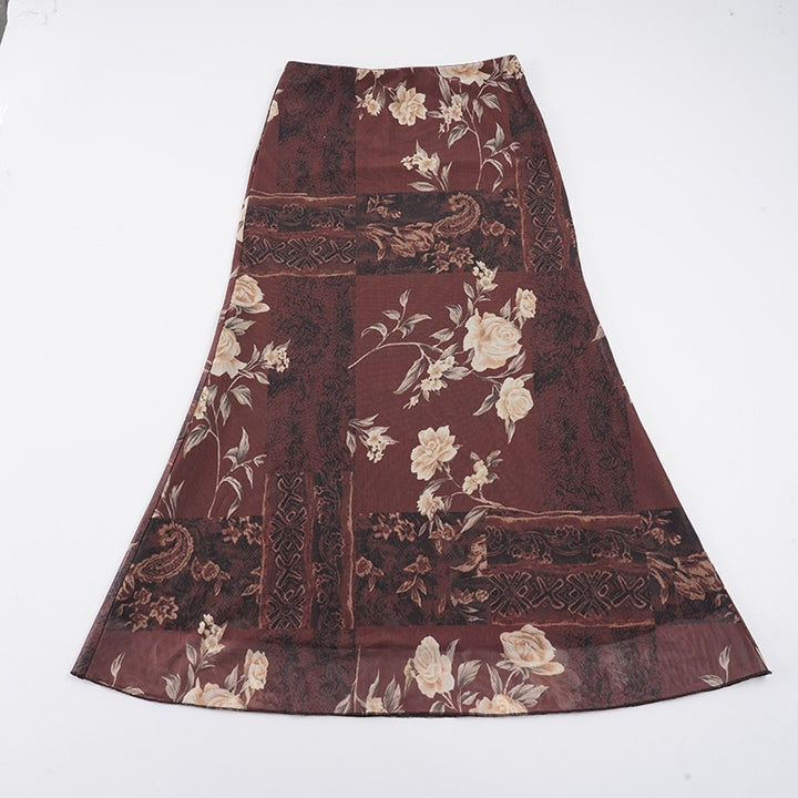Dame Maxi Skirt med blomsterdesign og transparent chiffon overlay Skovae