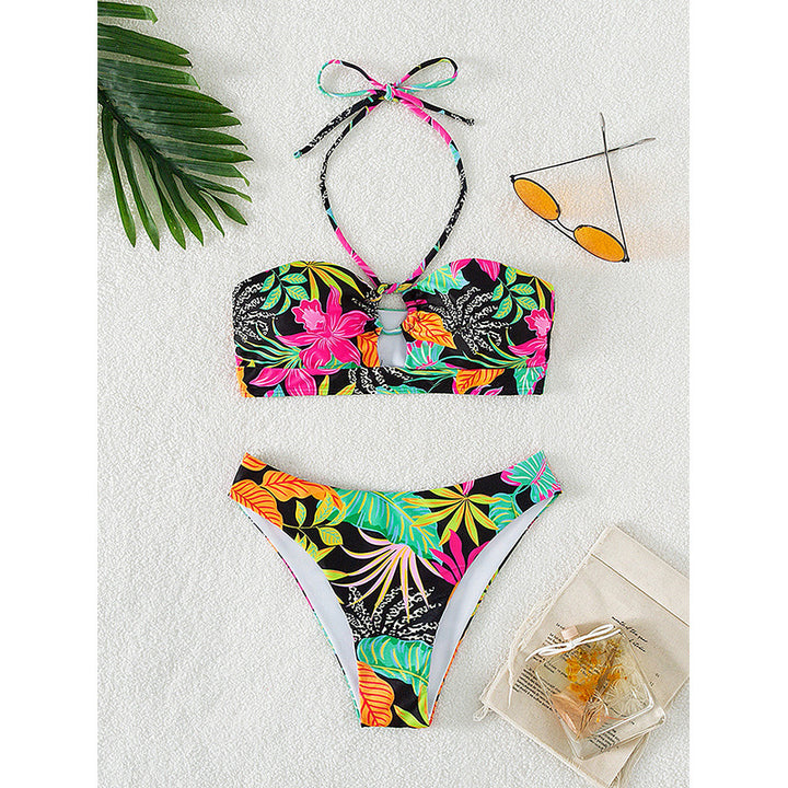 Dame Bandeau-Bikini med raffineret ringdetalje og blomsterprint Skovae