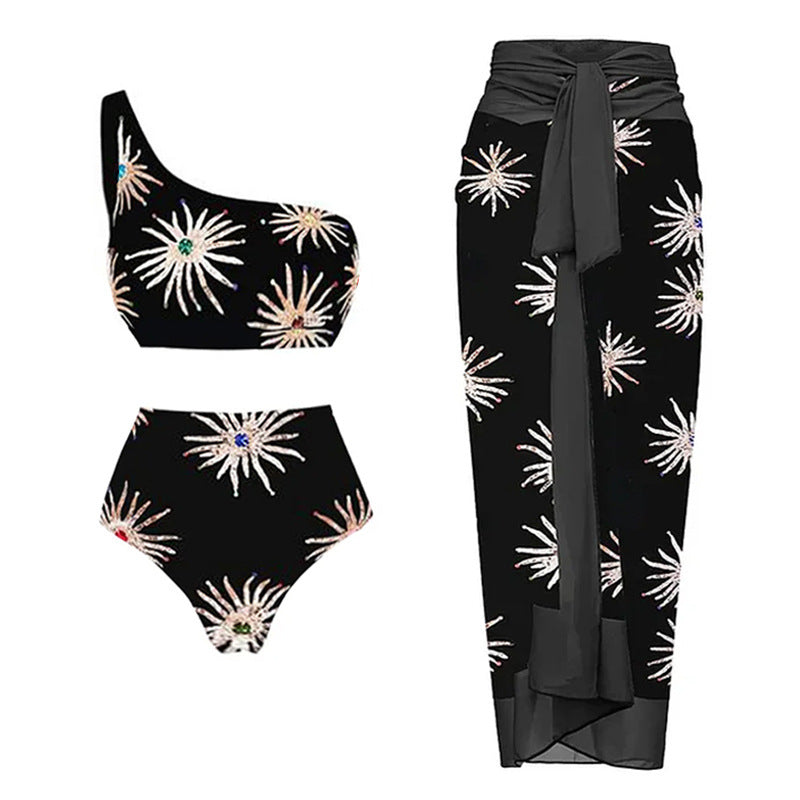 Damer Elegante asymmetrisk bikini-sæt med glitrende blomsterdesign Skovae