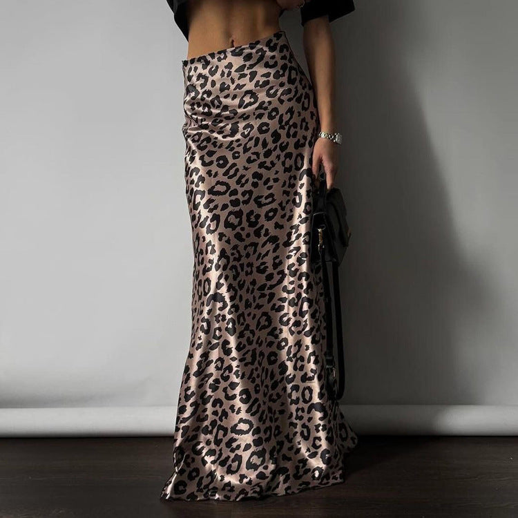 Dame maxiskørt med trendy leopardmønster og elastisk talje Stilla