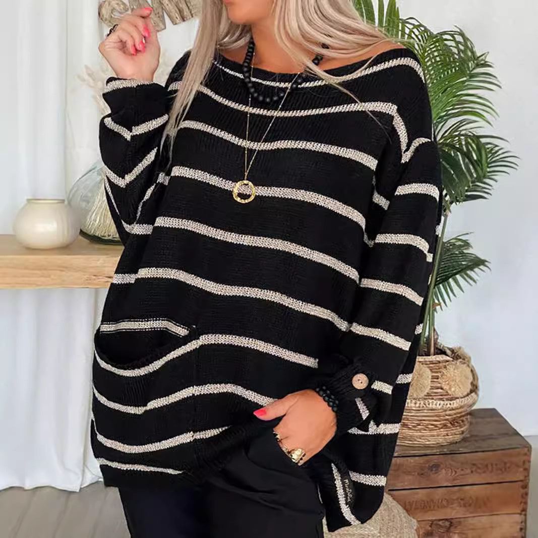 Kvindernes afslappede strikket sweater med lange ærmer og generøse lommer Stilla