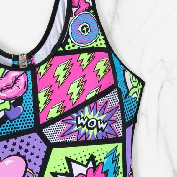 Dame Sporty One-Piece med farverigt Comic-mønster Skovae