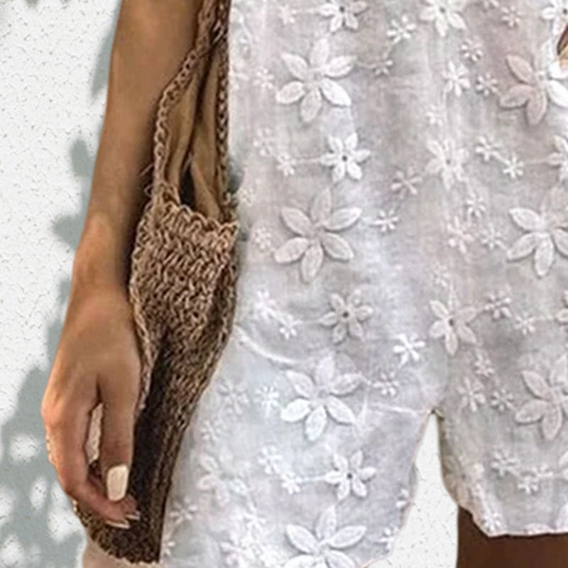 Dame nan let kort overall med floral tredimensionel broderi, justerbare bindebånd og løs A-linje silhuet Skovae