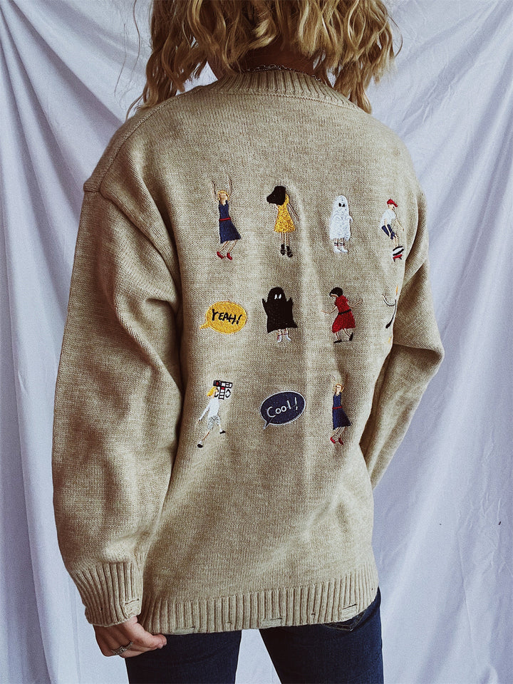 Kvinders cardigan med farverigt motiv Stilla