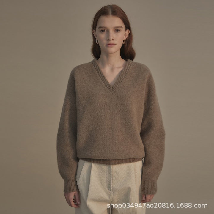 Dame elegant V-hals sweater i høj kvalitet uld med løs pasform Stilla