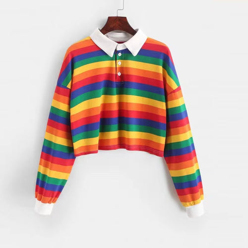 Kvinder Cropped Polo T-shirt med Farverige Striber og Løs Pasform Skovae