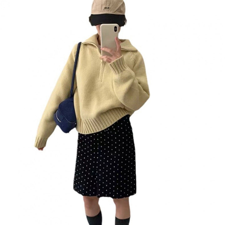Kvindernes hyggelige strikkede sweater med høj krave og lynlås