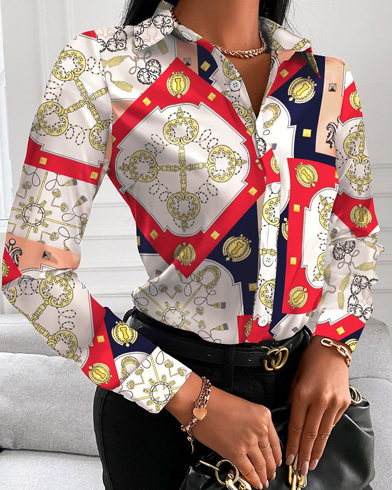 Dame Elegant Bluse med kunstnerisk tryk og fine detaljer Stilla