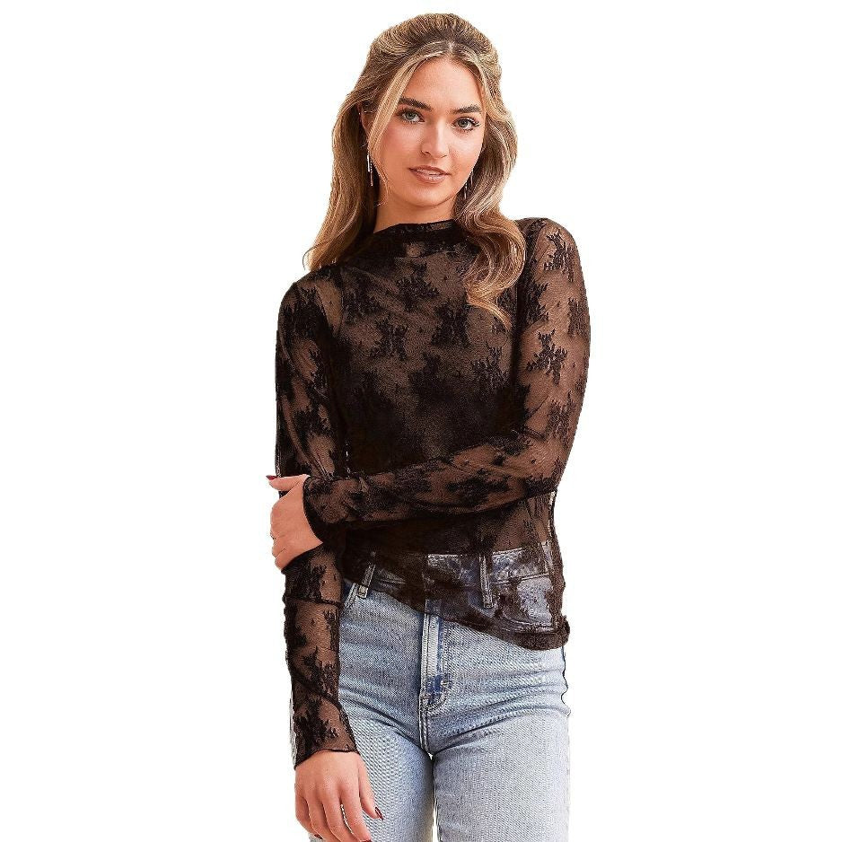 Dame Transparent Blomstret Spids Langærmet Top Stilla