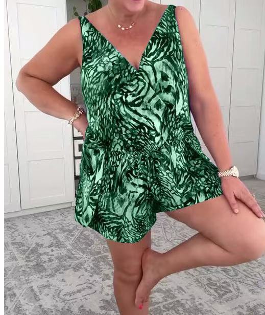 Dame afslappet jumpsuit med farverigt dyremønster Skovae