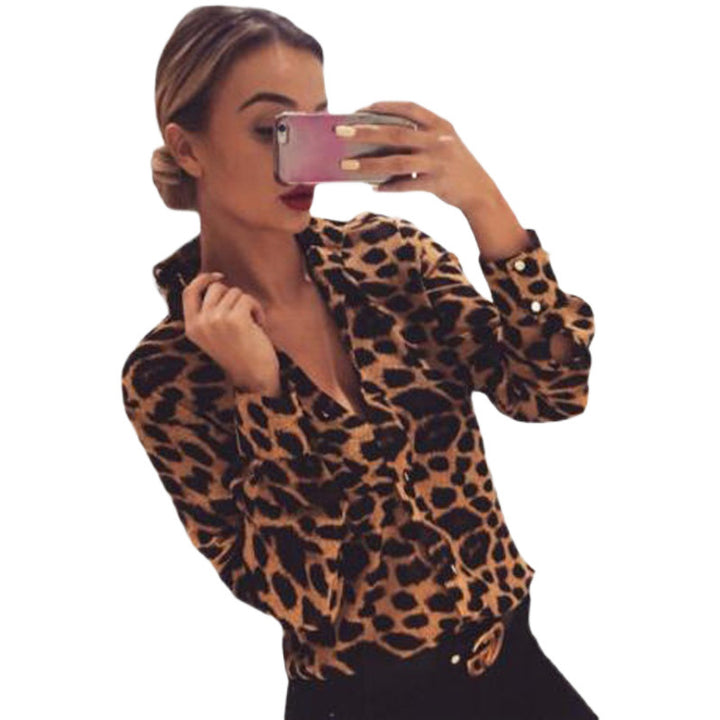 Femme Chic Leopardmønster Knap-oven Skjorte Stilla
