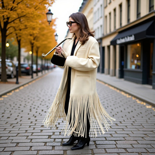 Dame Elegant Trench Coat med Frynse Detaljer og Skræddersyet Pasform Stilla