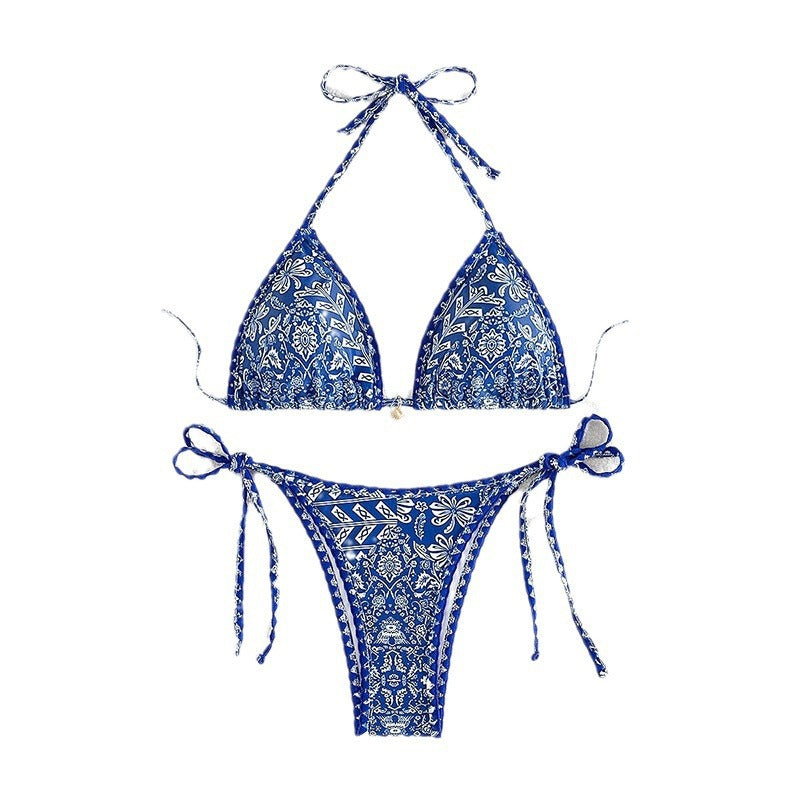 Dame triangel-bikini med legende mønster og elegante bindebånd Skovae