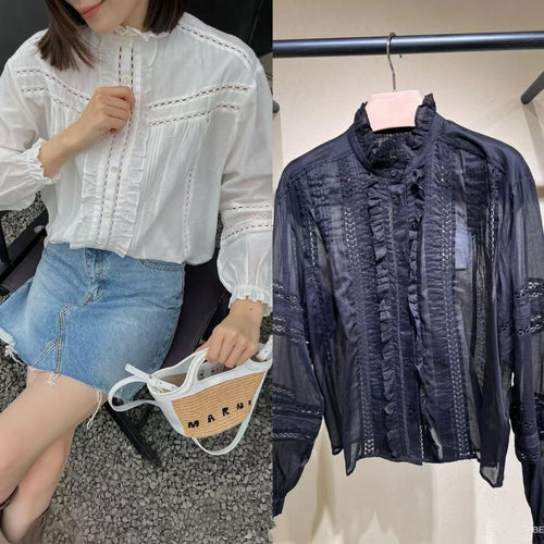 Damebluse med fine flæser og elegante broderidetaljer Stilla