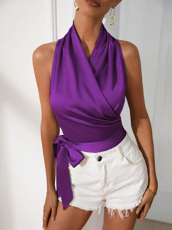 Dame Halter-top i satineret viskose med fashionable knude Stilla