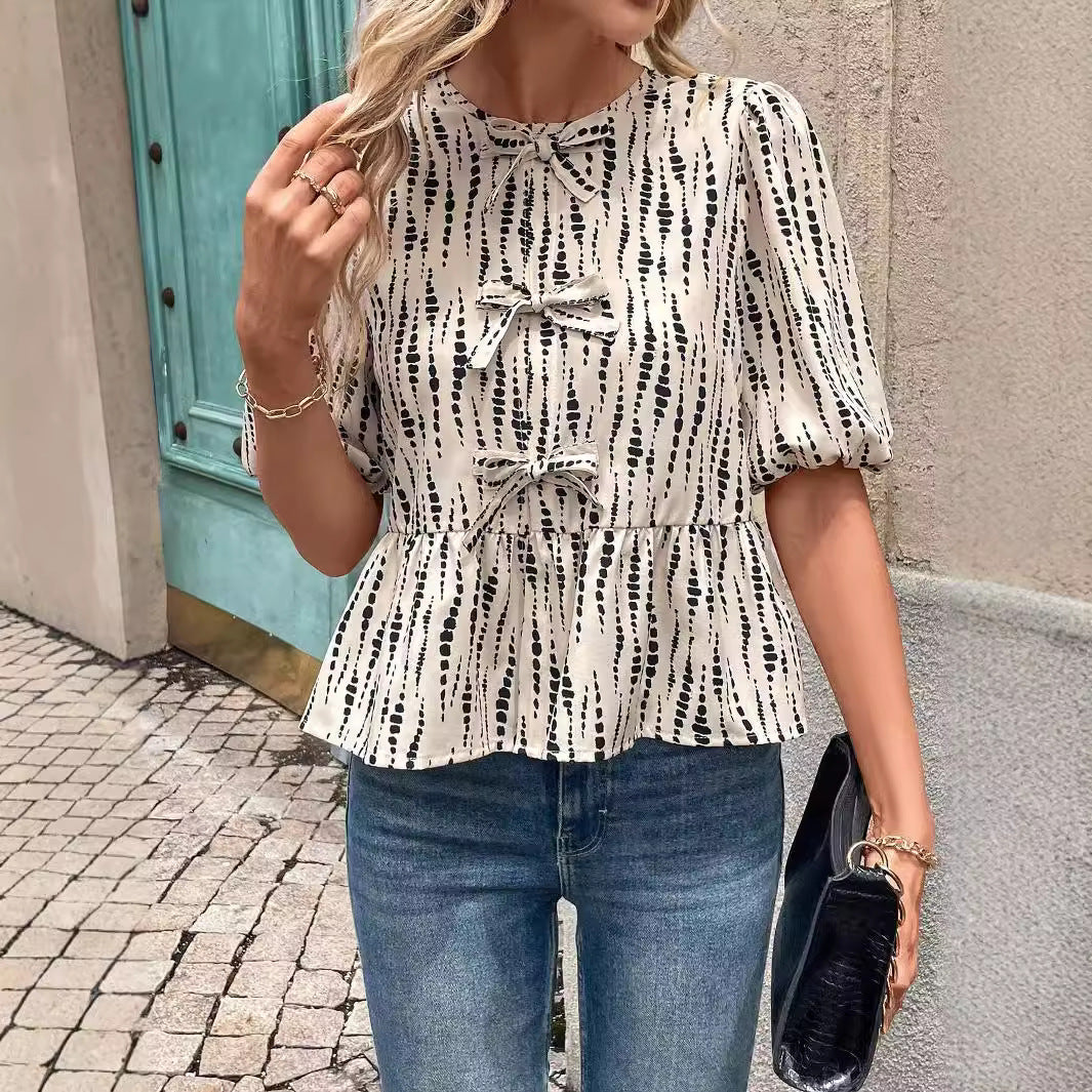 Dame Peplum-bluse med dekorative sløjfer Skovae