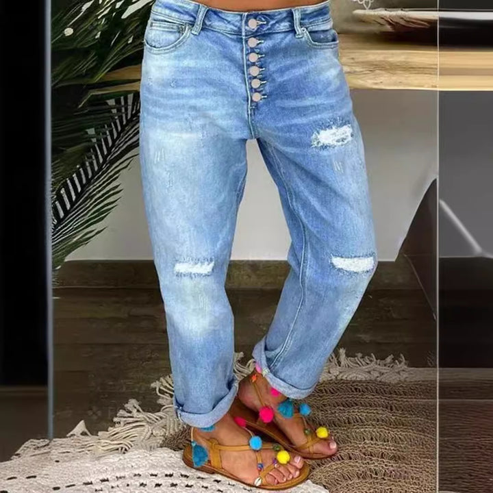 Dame Boyfriend Jeans med knaplukning og distressed effekter Stilla