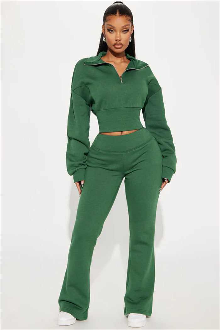 Dame Premium Sweat-Set med kort lynlås og brede bukser Stilla