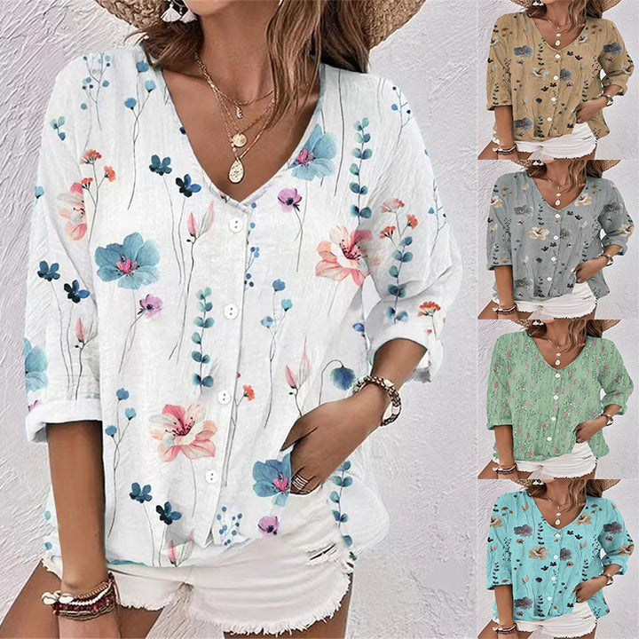 Damebluse med blomstertryk og halve ærmer Stilla