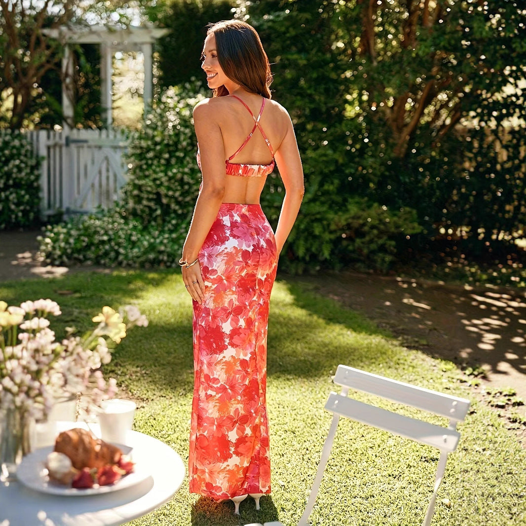 Dame Elegant sommerkjole med cut-out-detaljer og blomsterdesign Stilla
