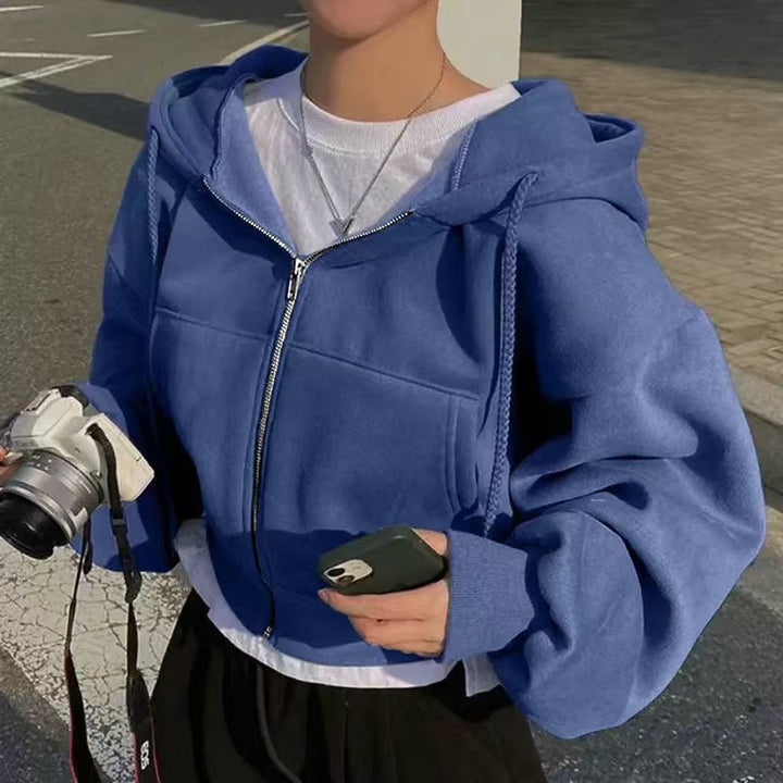 Kvindernes kortede hoodie med lynlås og afslappet stil