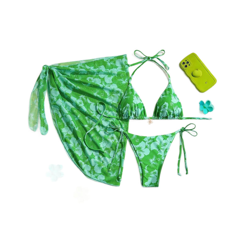 Dame Triangle-Bikini-Sæt med justerbare stropper og indpakningstykke Skovae