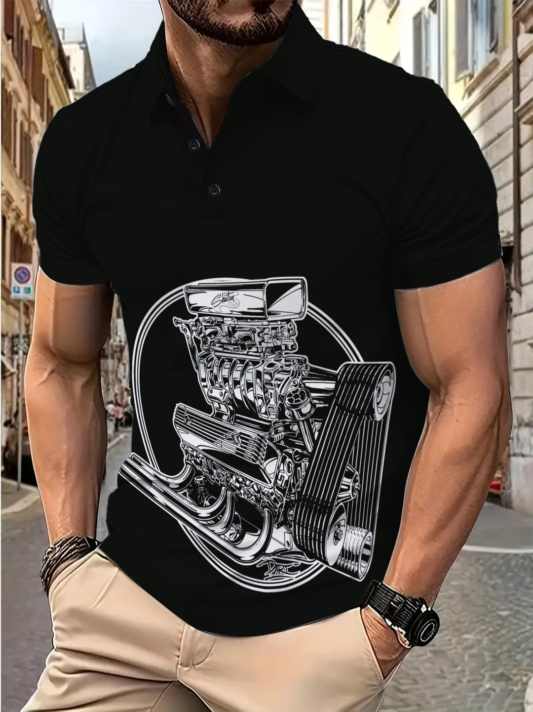 Herren Poloshirt med motorisk grafikdesign og komfortabel pasform Stilla