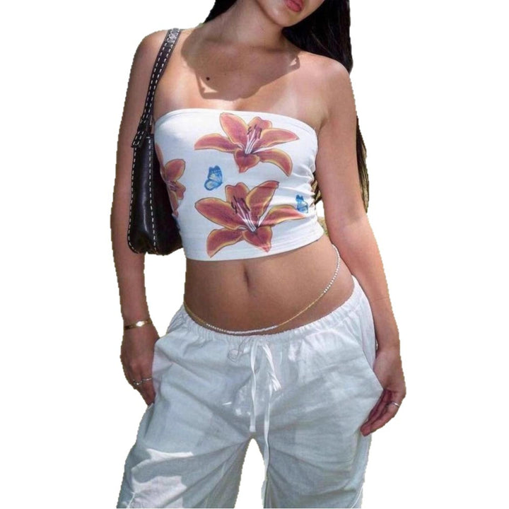 Dame strapless crop-top med farverigt blomsterdesign Skovae