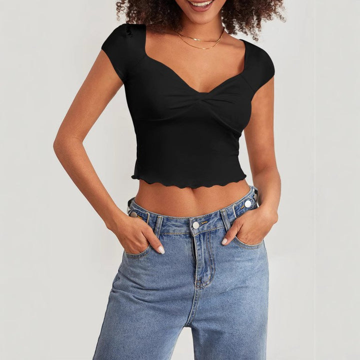 Dame Crop-top med hjerteformet udskæring og rynke Skovae
