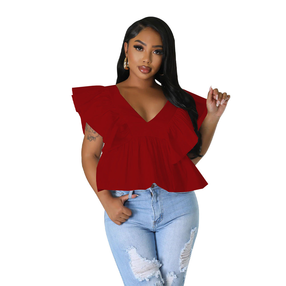 Dame voluminøst overdel med flæsedetaljer og dyb V-udskæring Stilla