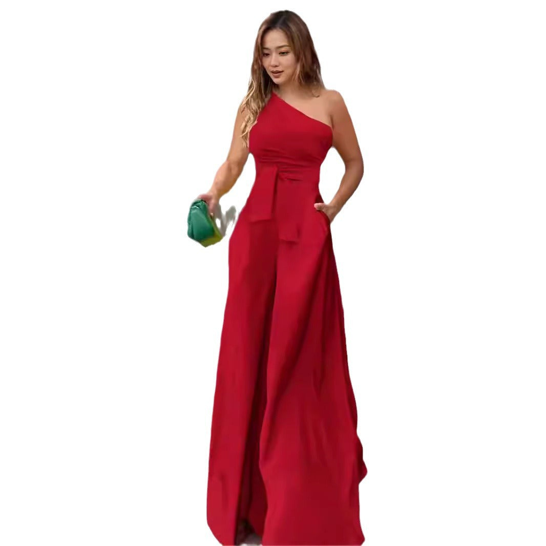 Dame Elegant En-skulder Jumpsuit med bælte og bredt ben Skovae