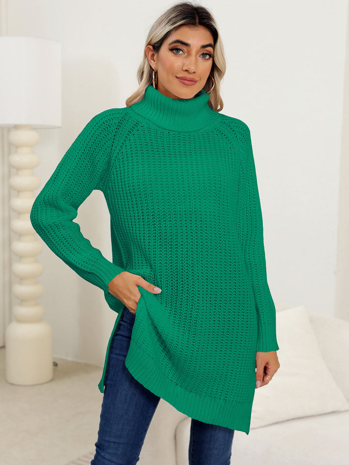Dame finstrik pullover med høj krave og sidespalter Stilla
