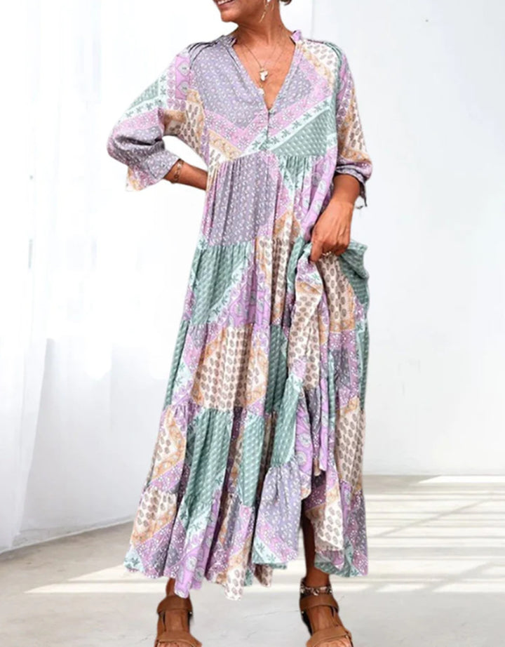 Dame nan luftige Maxikjole i patchwork-boho-stil med V-udskæring, rynket overdel og udtrækket stribekant Skovae