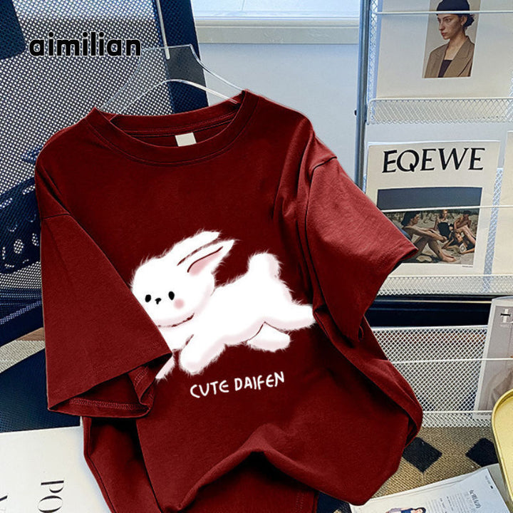 Dame T-shirt med sødt kaninmotiv og afslappet pasform Stilla
