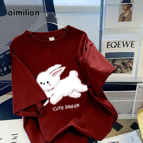 Dame T-shirt med sødt kaninmotiv og afslappet pasform Stilla