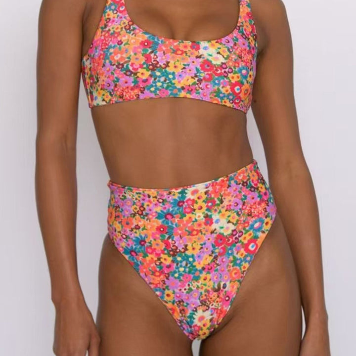 Dame Højtaljet Bikini-Sæt med blomsterdesign Skovae
